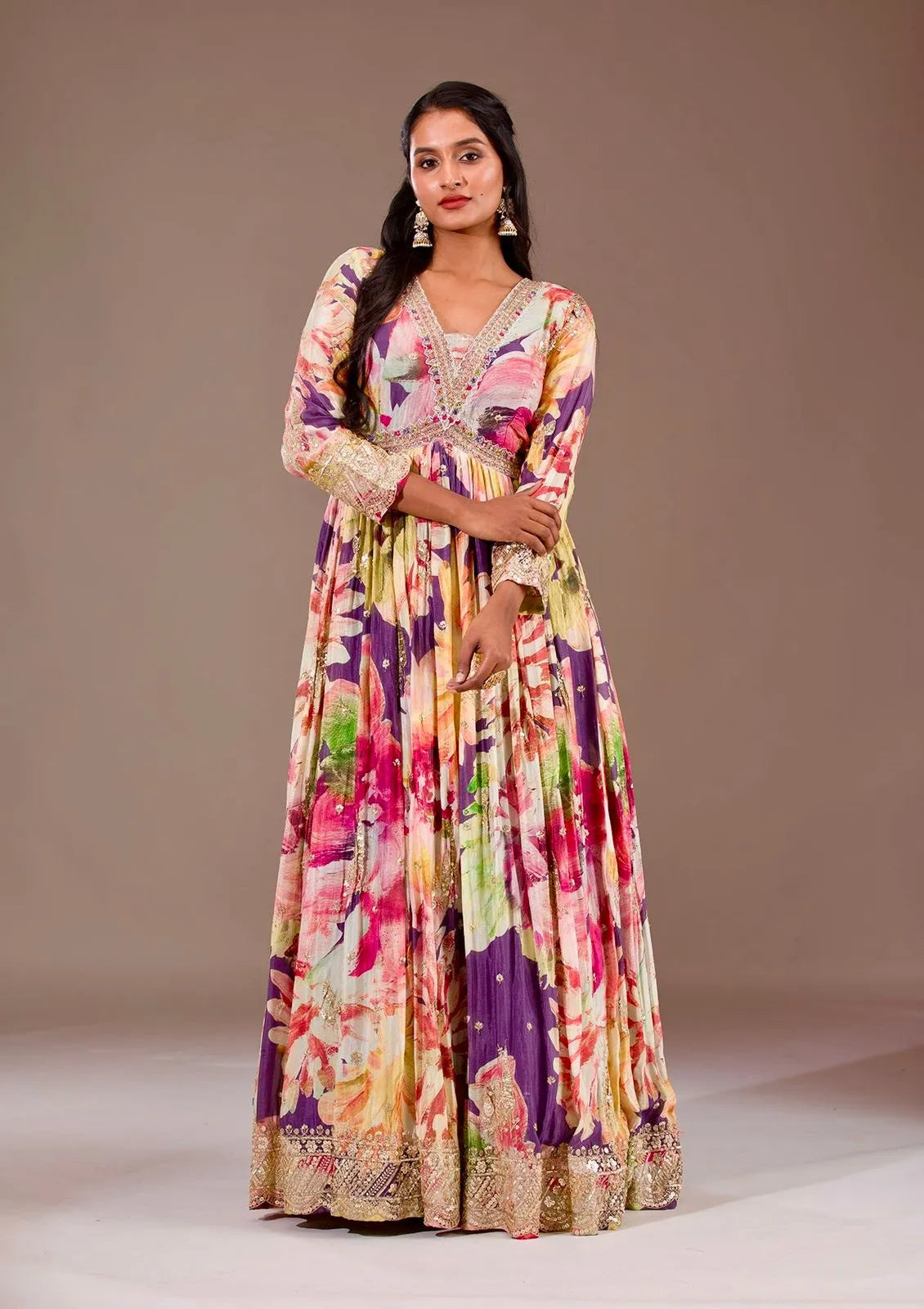 Designer Party Wear Gown | Heavy Chinon Silk with Floral Prints & Dupatta